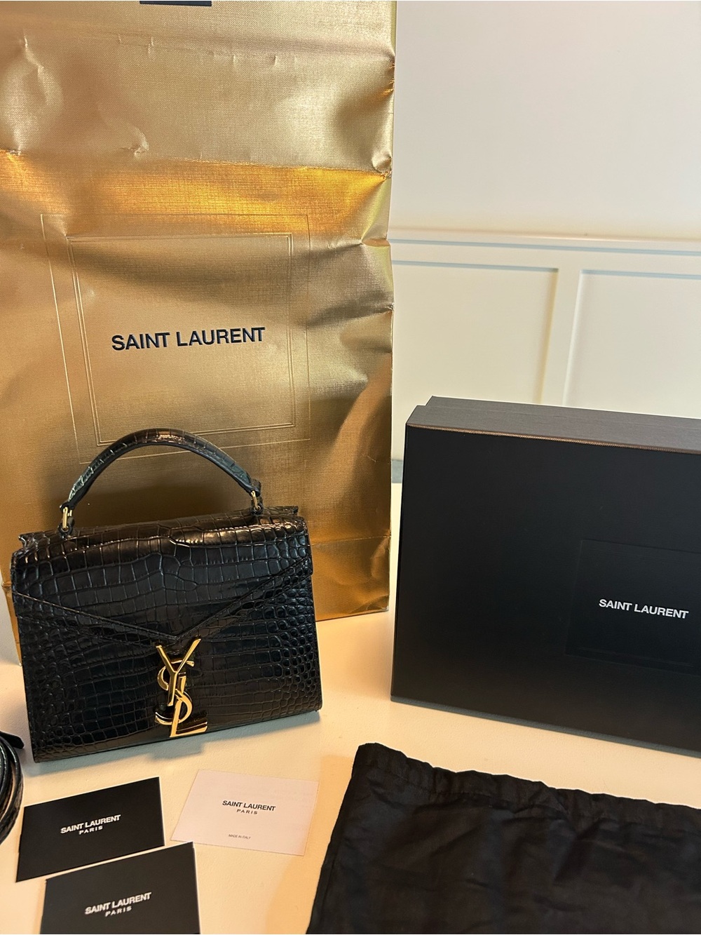 Saint Laurent Black Croc-Embossed Top Handle Satchel Cassandra Purse